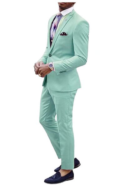 Menthe Vert Plage Mariage Tuxedos Hommes Peak Revers Costumes Slim Fit Formel Noir Couple Prom Party Rose Deux Pièces Costume (Veste + Pantalon)