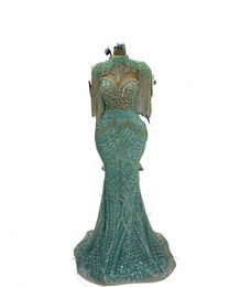 Green Green Polded High Neck lg Sirène Evening Dres avec cristaux Fringe High Fi Formal Women's Events Party Robes V2Q4 #