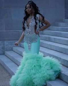 Mint Green Beading Prom -jurken 2024 Diamant Ruches Tiere Mermaid Graduation Party Dress Sexy Trumpet Black Girls Vestidos de Fiesta 415