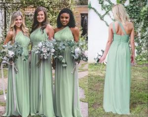 Mint Green Bridesmeisje jurken een schouder Chiffon plus maat juweel lengte op maat gemaakte Afrikaanse bruidsmeisje jurk land bruiloft feestvestido 403
