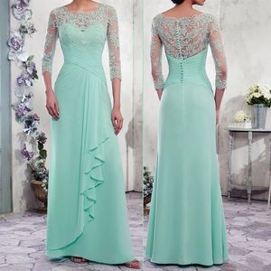 Mint Green Chiffon's Mother's jurken met 3/4 mouw ruches ruches formele jurk kant appliques top lange gewaden de soiree voor speciale gelegenheden