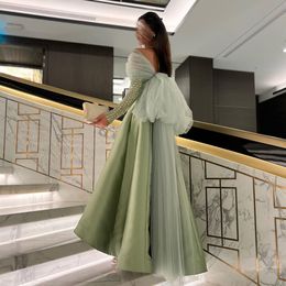 Mint Green Crystal Luxe Dubai avondjurken voor de schouder Lange mouwen