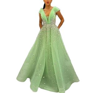 Mint Green Crystal Prom kleedt van de schouderblaad verloving jurk Organza A Line Vestidos de Ocasion Formales