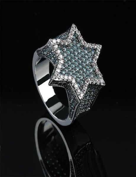 Mint Green Cubic Zirconia Bling Ice Out Jewish Star of David Hexagram Anillos para hombres Hip Hop Rapper Jewelry Gold Silver8200425