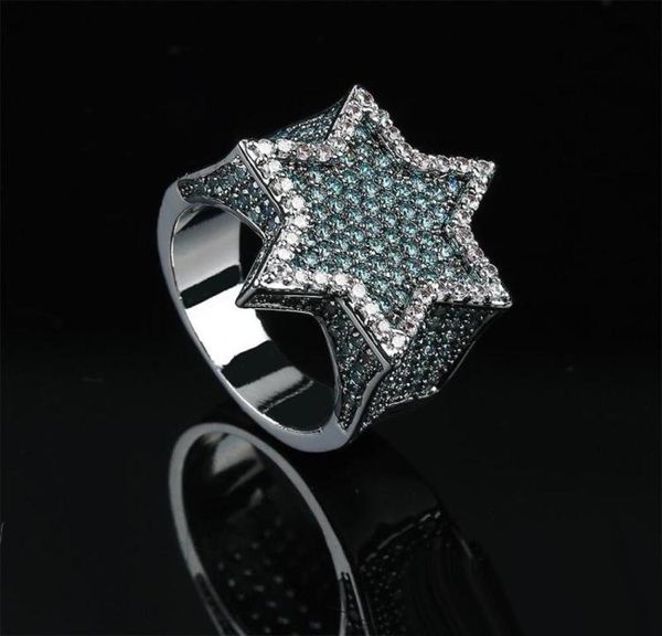 Mint Green Cubic Zirconia Bling Ice Out Jewish Star of David Hexagram Rings para hombres Hip Hop Rapper Jewelry Gold Silver5162881