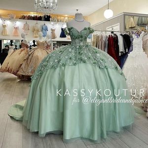 Mint Green Floral Lace Handmade Flowers Quinceanera Dresses Lace-Up korset van het schouderneerdekort korset voor zoete 15 Girls Party