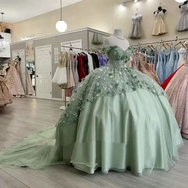 Menthe Vert Floral Dentelle À La Main Fleurs Quinceanera Robes corset à lacets Hors De L'épaule Tiered Corset Pour Sweet 15 Filles Robe De Soirée