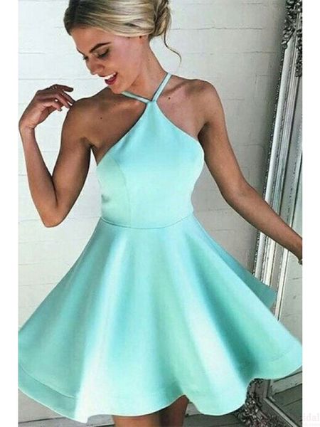 Mint Green Halter Short Cheap Homecoming Prom Dresses Under 100 A line Satin For Girls 2018 Graduation Party Vestidos formales Nuevo