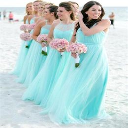 Mint Green Halter Tulle Vestidos largos de dama de honor 2020 Ruched Beach Boho Wedding Guest Party Vestidos de dama de honor BM1950288b