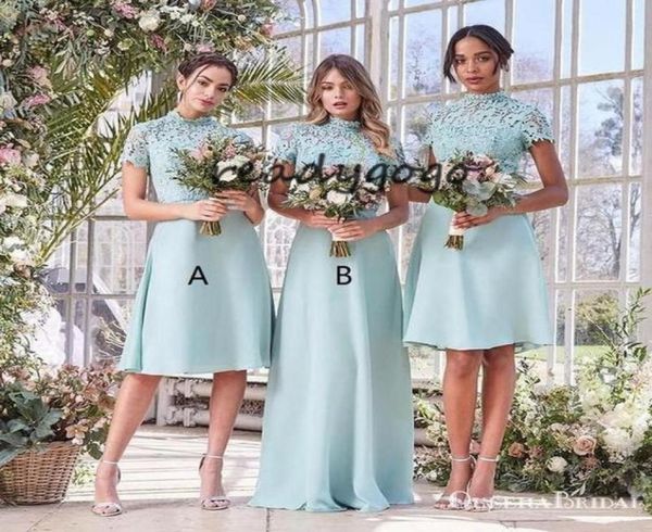 Mint Green Holiday Vestidos de dama de honor 2020 Cuello alto Gasa de encaje Hecho a medida Bohemian Country Beach Fiesta de bodas de dama de honor D5265719