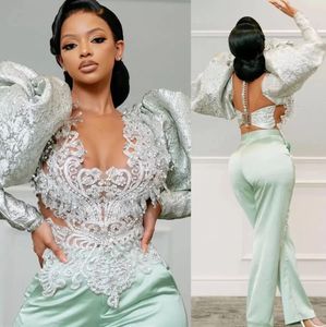 Mint groene jumpsuit prom jurken met lange mouwen kristallen feestjurken van kristallen kanten appliques op maat gemaakte avondjurk