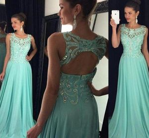 Mint groene kant kralen chiffon prom jurken lange nieuwe sexy schep nek mouwloze sleutelgat holle rug avondjurken formele optocht d6291542