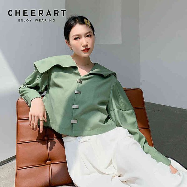 Top corto de manga larga verde menta, blusa para mujer, linterna, cuello marinero, ropa de diseñador de otoño para mujer 210427