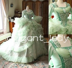 Mint Green Marie Antoinette Victoriaanse Fairy prom -jurken Ruches Ruches Long Sleeve Belle Rococo Bustle Corset Princess Evening Jurk