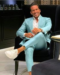 Mint Green Men Suits Wedding Tuxedos Twee knoppen Pe hoogte rapel Slim Fit Formele bruidegom slijtage 2 stuks zakelijk feest prom blazer jas en broek