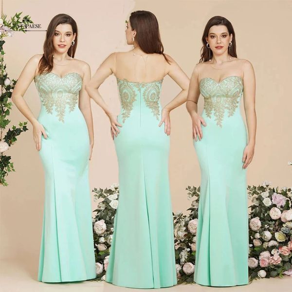 Vestidos de dama de honor sirena verde menta apliques dorados vestido largo de fiesta de boda vestido con espalda abierta demoiselle d'honneur CPS262