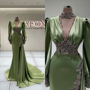 Robe de bal fendue de forme sirène, vert menthe, col haut, manches longues, perles, luxe, robes de soirée formelles pour femmes arabes