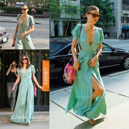 Gratis verzending Mint Green Miranda Kerr Avondjurk Nieuwe Sexy Deep V-hals Chiffon Lange Casual Partyjurk CeleyBrity Jurk