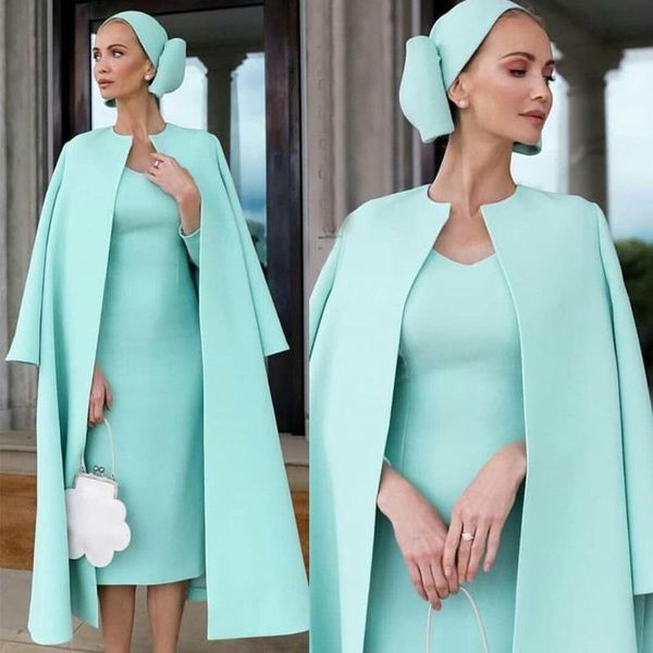 Vert menthe mère de la mariée robes deux pièces col en V à manches longues robes de soirée formelles avec veste manteau mariage gousset tenue AL8437