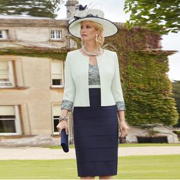 Vestidos de madre de la novia verde menta con chaqueta, cuello en V, vestidos de fiesta de noche, hasta la rodilla, vaina, vestido corto para invitados de boda