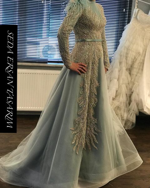 Robe de bal musulmane vert menthe, tenue de soirée de luxe, Aso Ebi, dentelle arabe perlée, manches longues, Hijab, dubaï, col haut