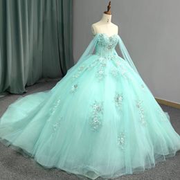 Mint groen van de schouder 15 jurk quinceanera 2024 applique kanten kralen kogel jurk kweeperen jurken prinses formele gelegenheid jurk