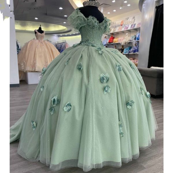 Menthe vert hors de l'épaule 3D fleurs robe de bal Quinceanera robes cristal perles dentelle corset doux 15 robes de 15 ans fête porte
