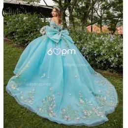 Mint groen van de schouderbaljurk Quinceanera jurk appliques verjaardagsfeestjes jurken kralen prom jurken vestido de 15 anos