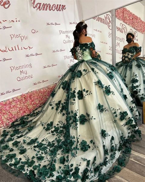 vert menthe hors de l'épaule robes de quinceanera perlées fleurs 3D corset à lacets princesse douce 15 robe de bal robe de graduation robes de bal