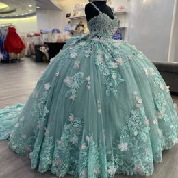 Mint Green Princess Ball Jurk Quinceanera -jurken met boog kralen Appliques pailletten Zoet 16 Dress Vestidos de 15 anos