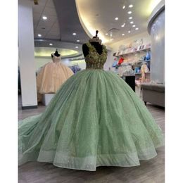 Mint Green Princess Quinceanera Jurk 3D Floral Gillter Rok Corset Bustle Vestidos Para Festa de 15 Anos Sweet 16 Prom jurk 0603