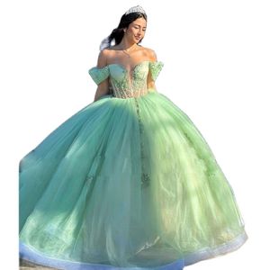 Robe princesse Quinceanera vert menthe, avec des Appliques en dentelle perlée, robe de 15 ans, désossage exposé, robe de photographie de fête d'anniversaire