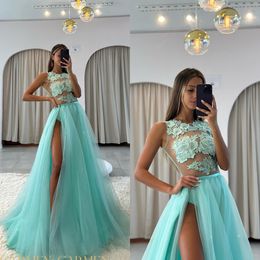 Mint Green Prom Dress A Line Illusion Evening Elegant Appliques Top Party Dresses For Special Ocns Thigh Split Promdress