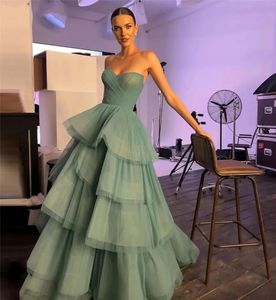 Mint groene prom jurk organza strapless a-line gelaagde gelaagde rok ploet ruches vloer lengte formele verjaardagsavond gala jurken gewaad de soiree