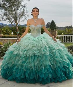 Vert menthe Puffy Princess Quinceanera Robes Gillter Crystal Beaded Ruffles Lace-up corset Prom vestido para 15 ans débutante