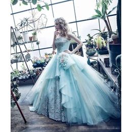 Mint groene quinceanera 2019 strapless jurken applique handgemaakte bloemen gelaagde rok tule optocht feest prom ball jurk op maat gemaakt