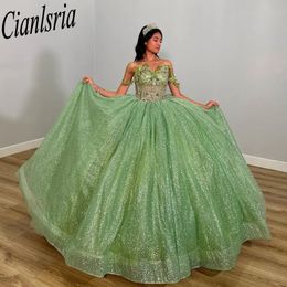Robes de Quinceanera vert menthe avec des Appliques de fleurs à Long Train, sur mesure, pour fête d'anniversaire de 15 à 16 ans, spectacle Miss Gala