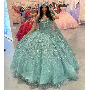 Mint Green Quinceanera Sweet 16 jurken met cape 3d bloemen applique off schouder veter-up prom bestido de quinceanera 2023