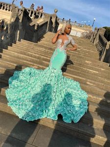 Mint Green Sheer O Neck Long Prom Dress For Black Girls Beaded Appliques Birthday Party Gowns Ruffles Evening Dresses Mermaid