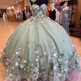 Mintgroen Glanzende Prinses Quinceanera Jurken 2024 Applicaties 3DFlower Lace-Up corset off shoulder Vestidos De 15 Anos