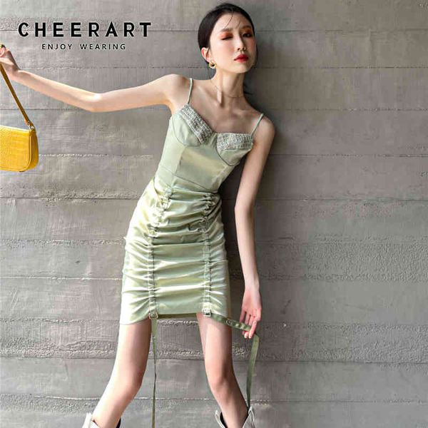 Mint Green Spaghetti Strap Dress Mujeres Summer Cami Bodycon Backless Mini Drawstring Fashion Clothes 210427