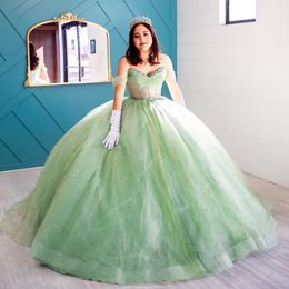 Mintgroen Sweetheart Glanzend Quinceanera Jurken Mexicaanse Uit de Schouder Baljurk Prinses Lange Sweet 16 Prom Dress 15 jaar