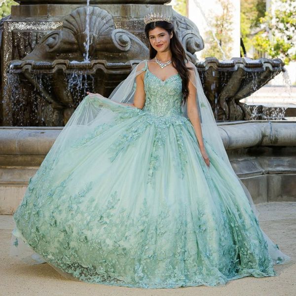 Robe De 15 Anos vert menthe, robes De princesse XV Quinceanera avec Cape papillon appliquées, robes De bal douces 16