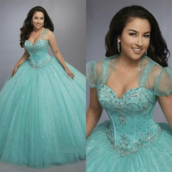 Vestidos de quinceañera de tul menta con bolero y escote corazón 2020 Vestidos de anos baratos Princesa Aqua Vestidos de fiesta Tul Cu307i