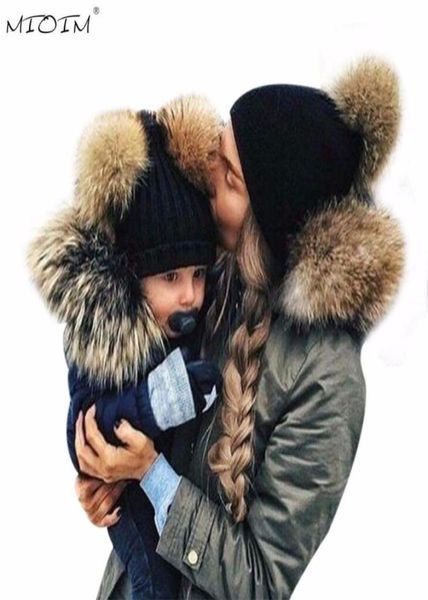 Mioim Winter Mombaby Hats Faux Fur Ball Cap Baby Boy Boy Boy Girl Warm Doble Pom Pom Hat geanie Women Newbron Knit Skullies 24946514