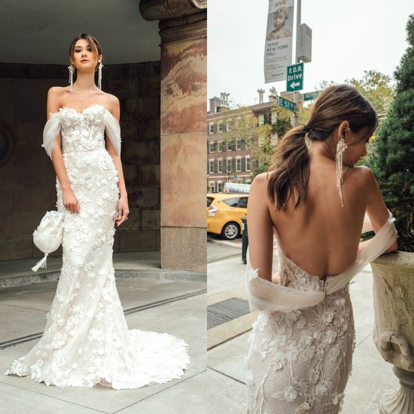 Designer glamour Mira Zwillinger Robes de mariée sirène transparente des applications florales de dentelle épaule