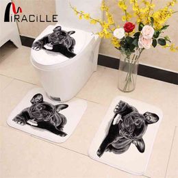 Miracille lindo negro francés bulldog impresión 3 unids / set cubierta de asiento de inodoro baño interior antideslizante coral polar alfombra de piso decoración de baño 210401