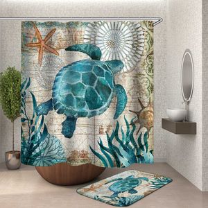 Miracille Zeeschildpad Waterdicht Douchegordijn Octopus Home Badkamer Gordijnen met haken Polyester Weefsel Badgordijn of Mat 210609