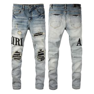 Miri Jeans Mens Designer Jeans New European American Hip-Hop Jeans High Street Tide Tide Brand Cycling Motorcycle Wash Patch Letter Loose Fit Pantal
