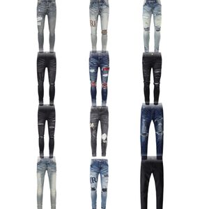 Miri Jeans Mens Jeans Designer jeans luxe designer denim broek hoge kwaliteit heren skinny jeans noodlijdende gescheurde Biker zwart blauw paarse jeans slanke broek maat 30-40